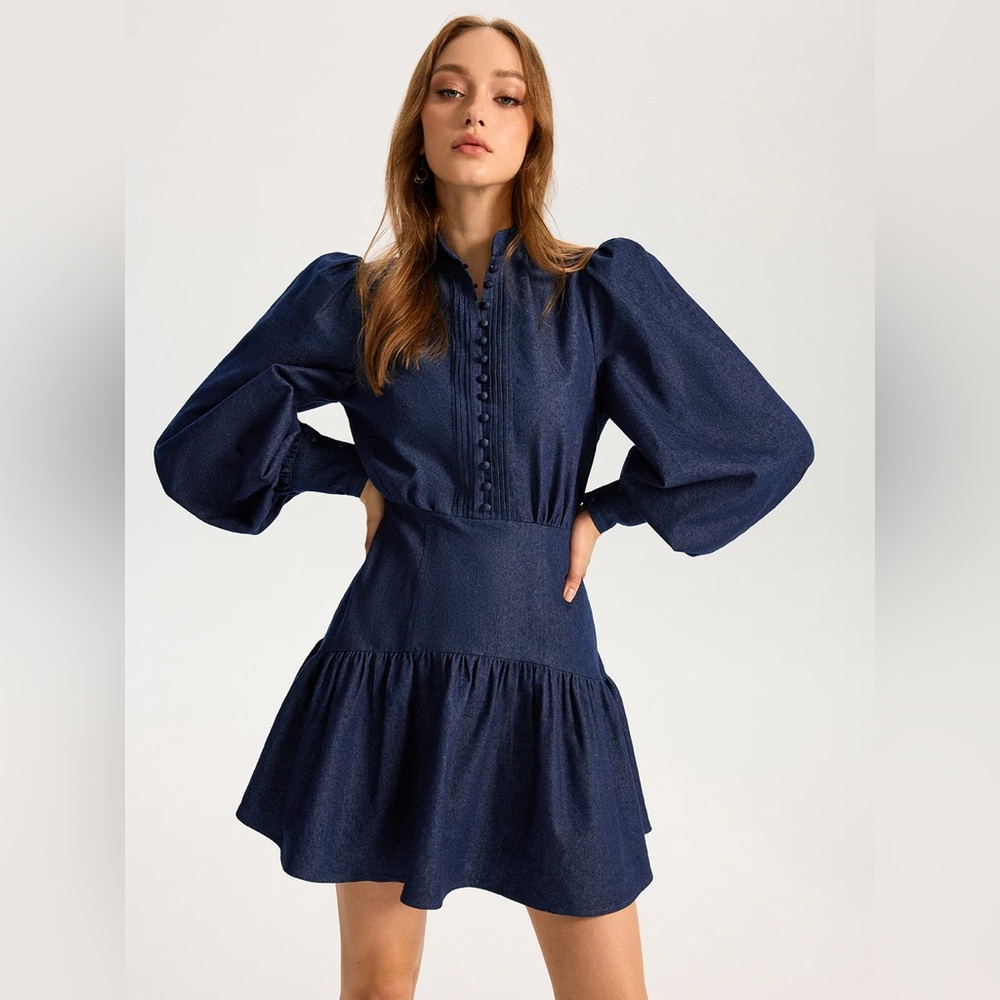 Commense Denim Stand Collar Puff Sleeve Mini Dress